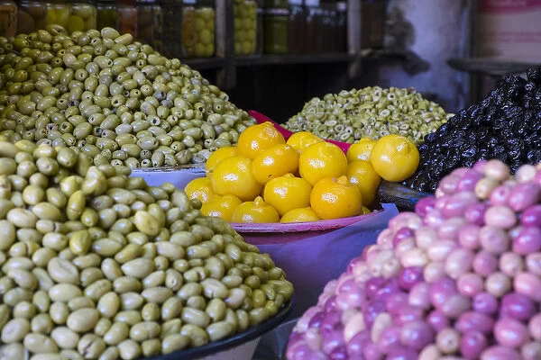 North Africa, Morocco, Marrakech, Jemma El Efna, Souk, varieties of olives and preserved