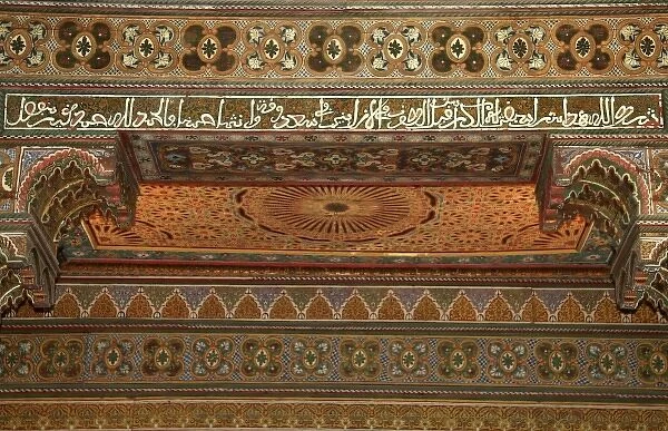 North Africa, Morocco, Marrakesh. Painted cedar woodwork of El Bahia Palace