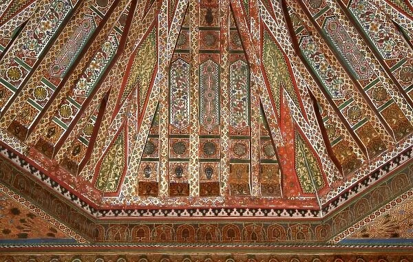 North Africa, Morocco, Marrakesh. Zellij woodwork ceiling of El Bahia Palace