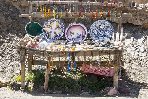 North Africa, Morocco, Moroccan countryside street shop featuring ceramics and geodes