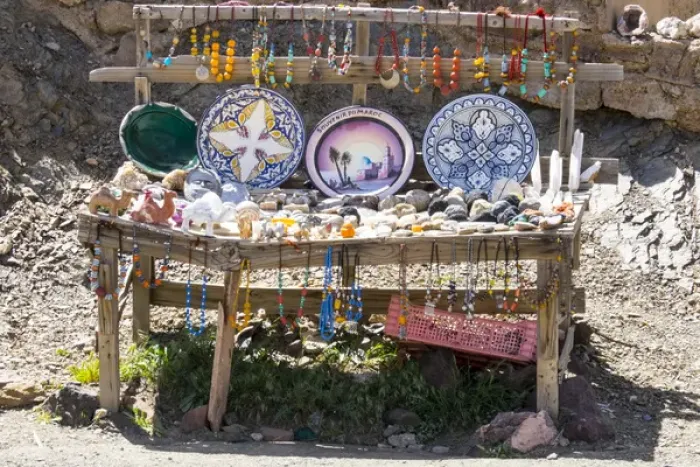 Framed Print : North Africa, Morocco, Moroccan countryside street shop featuring ceramics and geodes