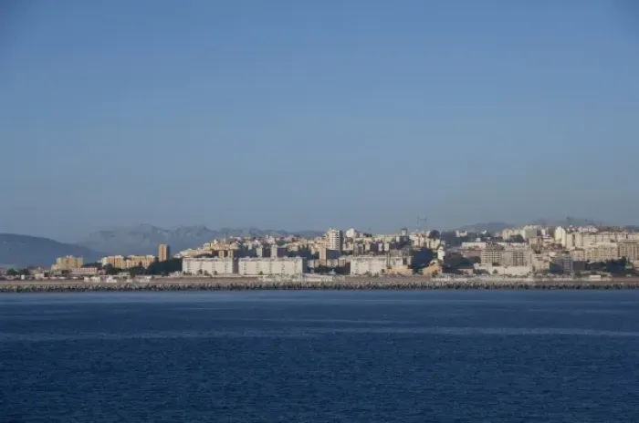 Framed Print : North Africa, Spanish Morocco, Ceuta. Port city of Ceuta with the Rif Mountains in the distance