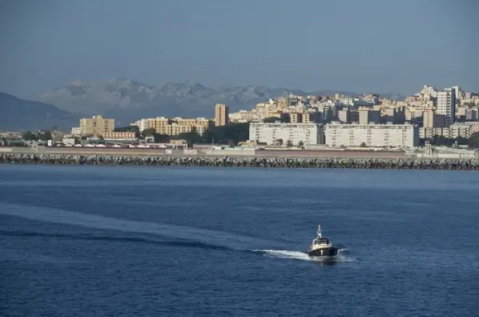 Framed Print : North Africa, Spanish Morocco, Ceuta. Port city of Ceuta with the Rif Mountains in the distance