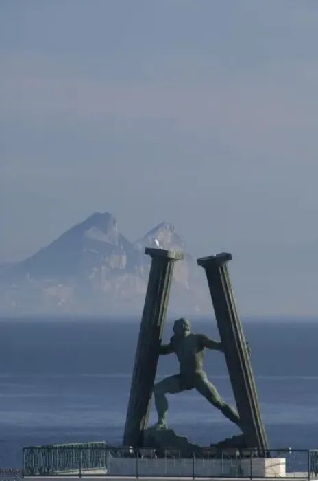 Framed Print : North Africa, Spanish Morocco, Ceuta. Pillars of Hercules sculpture overlooking Framed Print : North Africa, Spanish Morocco, Ceuta. Pillars of Hercules sculpture overlooking