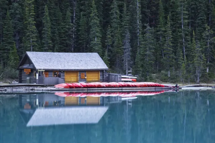 Framed Print : North America, Canada, Alberta, Banff National Park, canoe rental house on Lake Louise