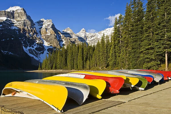 North America, Canada, Alberta, Banff National Park, Moraine Lake and rental canoes