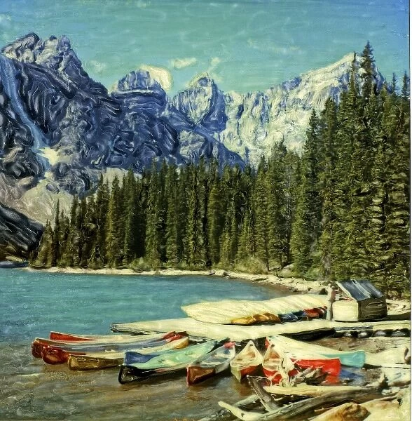 North America, Canada, Banff National Park, Moraine Lake. Canoes along Moraine Lake