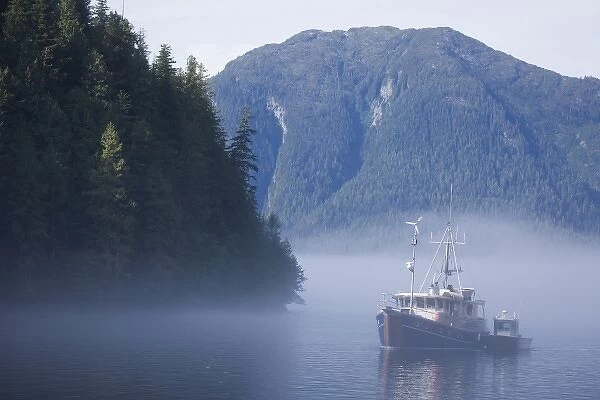 North America, Canada, British Columbia. Fishing boat emerging from fog
