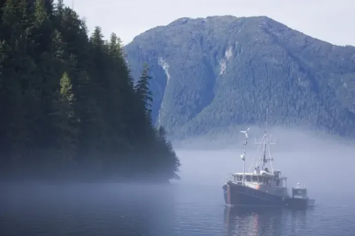 Framed Print : North America, Canada, British Columbia. Fishing boat emerging from fog Framed Print : North America, Canada, British Columbia. Fishing boat emerging from fog