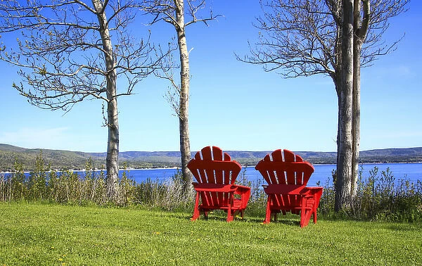 North America, Canada, Nova Scotia, Adirondack chairs near Cabot Trail, Cape Beton