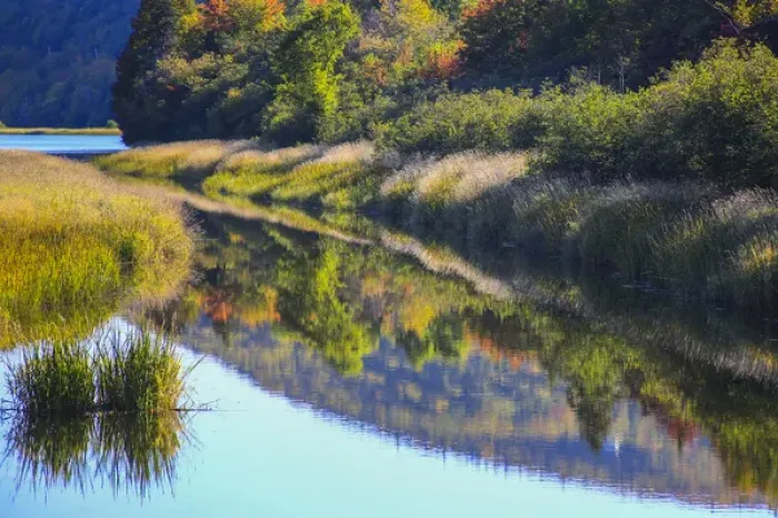 Framed Print : North America, Canada, Nova Scotia, Cape Breton, Cabot Trail, Margaree river reflections