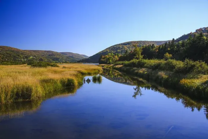 Framed Print : North America, Canada, Nova Scotia, Cape Breton, Cabot Trail, Margaree river reflection