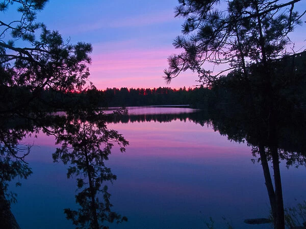 North America, Canada, Ontario, Quetico Park, Lake Agnes wilderness sunset through trees