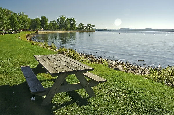 North America, Canada, Quebec, Eastern Townships, Magog. Picnic table and scenery