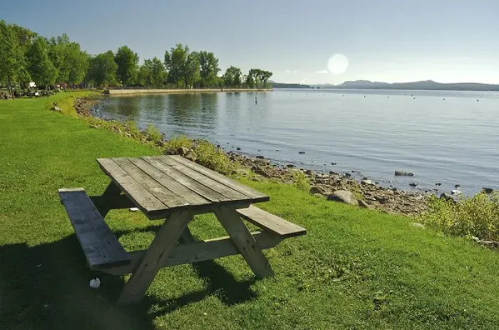 Framed Print : North America, Canada, Quebec, Eastern Townships, Magog. Picnic table and scenery Framed Print : North America, Canada, Quebec, Eastern Townships, Magog. Picnic table and scenery