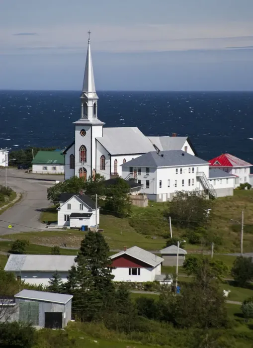 Framed Print : North America, Canada, Quebec, Gaspe Bay, Church and community Framed Print : North America, Canada, Quebec, Gaspe Bay, Church and community