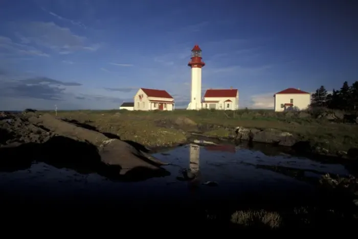 Framed Print : North America, Canada, Quebec, Gaspe Peninsula (Gaspesie) Pointe-de-Mitis lighthouse