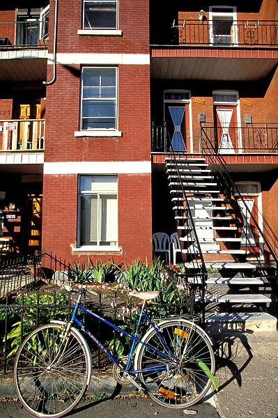 North America, Canada, Quebec, Montreal. Montreal Plateau, typical stairs and bicycle