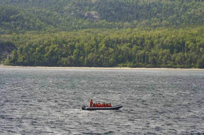 Framed Print : North America, Canada, Quebec, North Shore. A small whale watch boat passing by