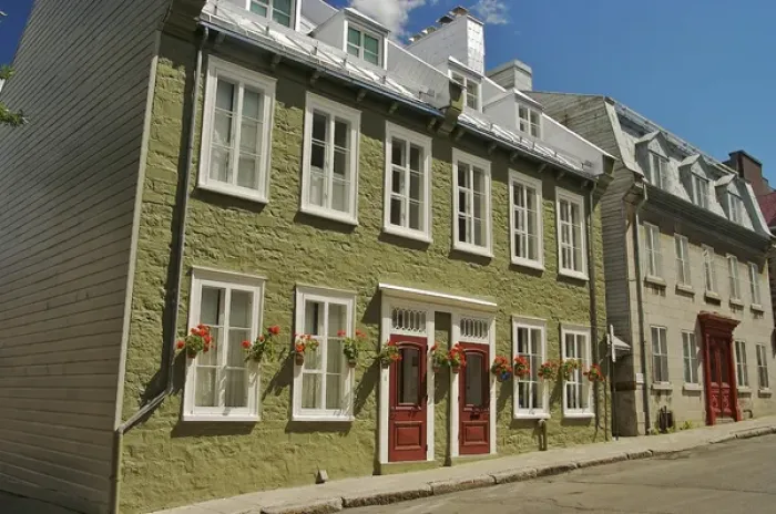 Framed Print : North America, Canada, Quebec, Old Quebec City. Old building with red doors, decorated