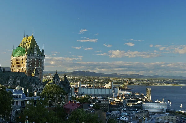 North America, Canada, Quebec, Old Quebec City. Chateau Frontenac tower overlooking buildings