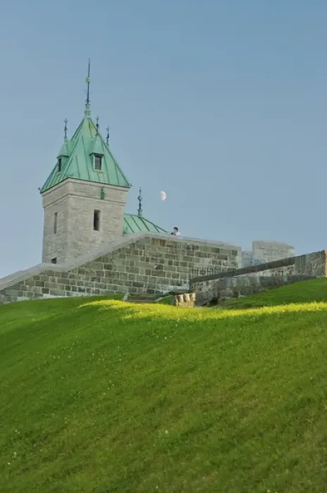 Framed Print : North America, Canada, Quebec, Old Quebec City. View from below looking up towards