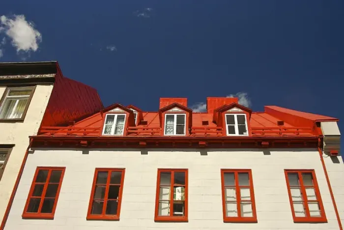 Framed Print : North America, Canada, Quebec, Old Quebec City. Upper windows and red roof of a building