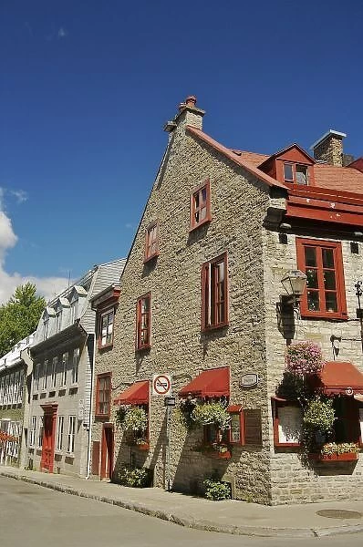North America, Canada, Quebec, Old Quebec City. An old stone building housing a restaurant