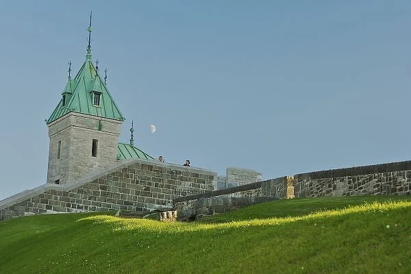North America, Canada, Quebec, Old Quebec City. View from below looking up towards