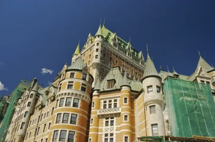 Framed Print : North America, Canada, Quebec, Old Quebec City. Chateau Fraontenac undergoing renovations