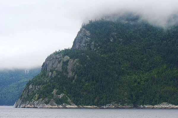 North America, Canada, Quebec, Saguenay. View of the cliffs of Cap Trinite under the mist