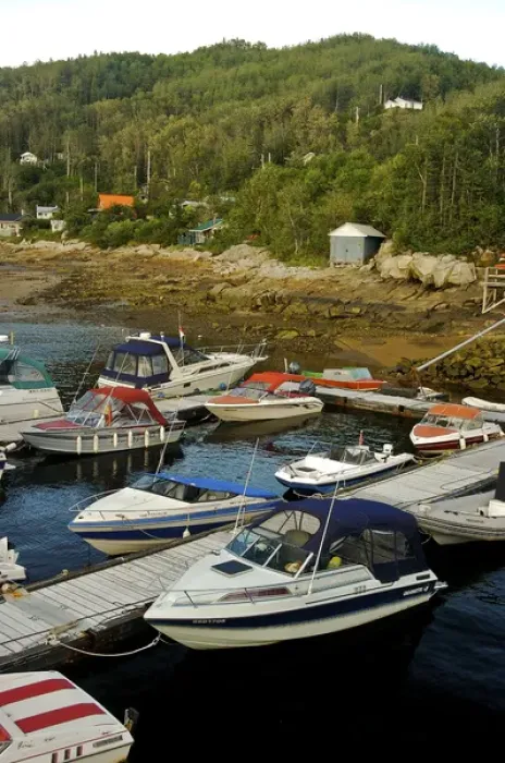 Framed Print : North America, Canada, Quebec, Saguenay, L Anse de Roche (Rock Bay. ) Docked boats