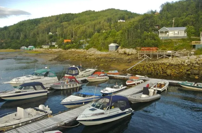 Framed Print : North America, Canada, Quebec, Saguenay, L Anse de Roche (Rock Bay. ) Docked boats