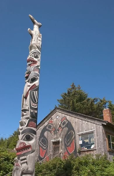 North America, Canada, Queen Charlotte Islands, Haida totem pole and tourist shop