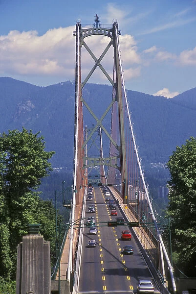 North America, Canada, Vancouver, Brisish Columbia. Lions Gate Bridge with mountains