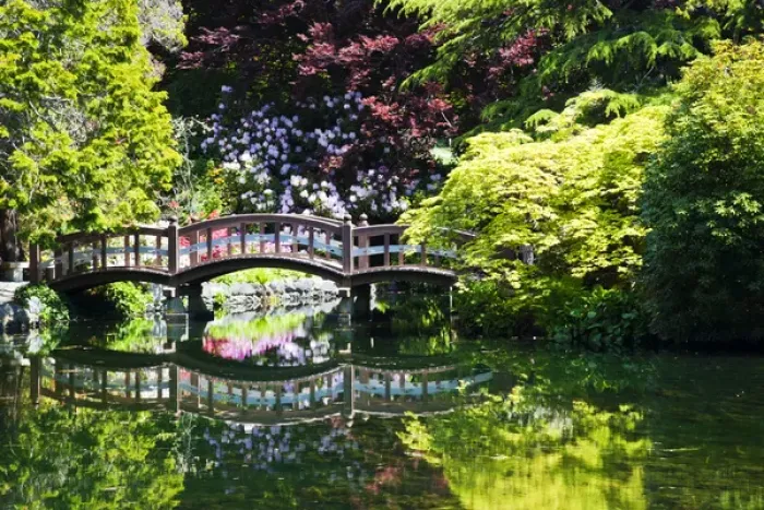 Framed Print : North America; Canada; Vancouver Island; Hately Gardens; Foot Bridge over Pond in Gardens