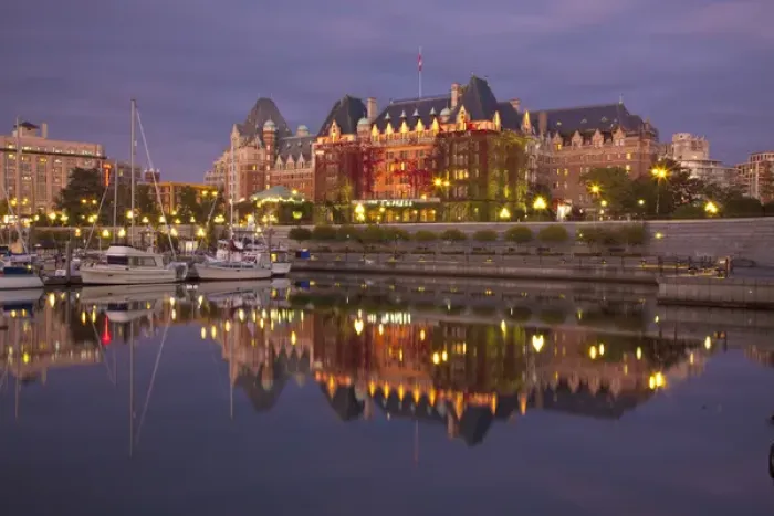 Framed Print : North America, Canada, Victoria, Water Front with Evening Light and Empress Hotel