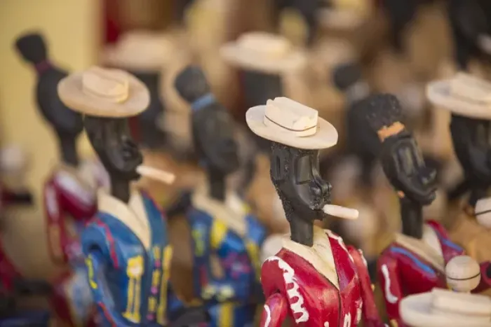 Framed Print : North America, Caribbean, Cuba, Trinidad, wood folk art figurines on display in store Framed Print : North America, Caribbean, Cuba, Trinidad, wood folk art figurines on display in store