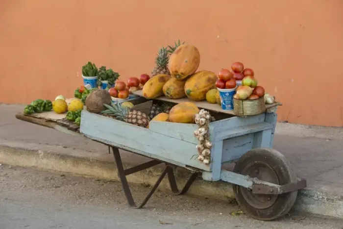 Framed Print : North America, Caribbean, Cuba, Trinidad, wheelbarrow with fruit and vegetables Framed Print : North America, Caribbean, Cuba, Trinidad, wheelbarrow with fruit and vegetables