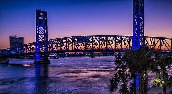 North America, Jacksonville, Florida. View of The Blue Bridge at twilight