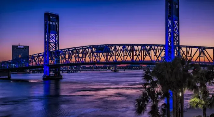 Framed Print : North America, Jacksonville, Florida. View of The Blue Bridge at twilight Framed Print : North America, Jacksonville, Florida. View of The Blue Bridge at twilight