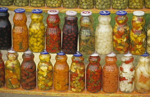 North America, Mexico, Baja. Marinated chilis, olives and vegetables