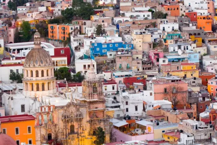 Framed Print : North America, Mexico, Guanajuato. Templo La Compania and colorful houses on steep Framed Print : North America, Mexico, Guanajuato. Templo La Compania and colorful houses on steep