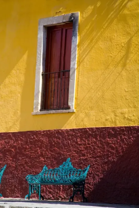 Framed Print : North America, Mexico, Guanajuato. Sitting bench below colorful house Framed Print : North America, Mexico, Guanajuato. Sitting bench below colorful house