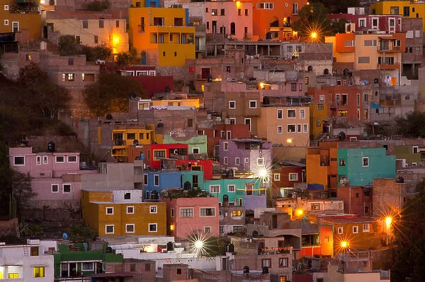 North America, Mexico, Guanajuato. The colorful homes and buidings of Guanajuato at night