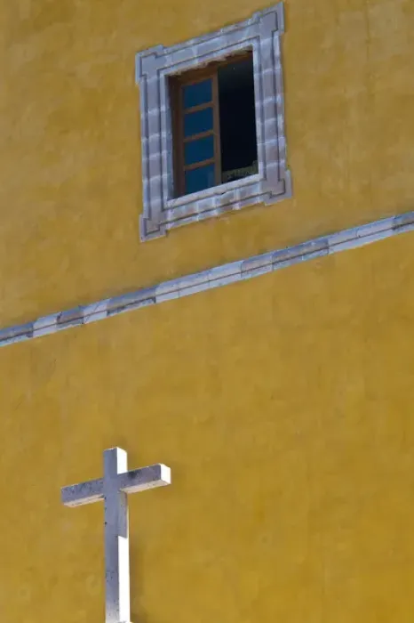 Framed Print : North America, Mexico, Guanajuato. White cross against a yellow church wall with