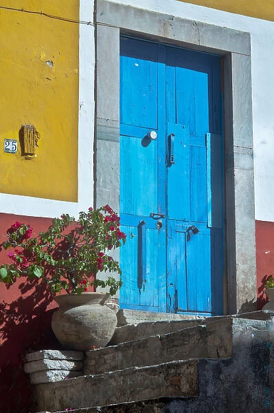 North America, Mexico, Guanajuato The colorful homes and buidings, blue front door