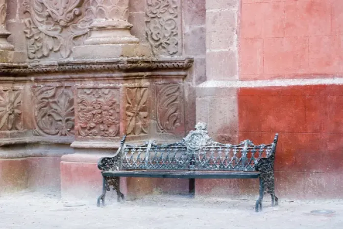 Framed Print : North America, Mexico, Guanajuato state, San Miguel de Allende. Bench outside of Framed Print : North America, Mexico, Guanajuato state, San Miguel de Allende. Bench outside of