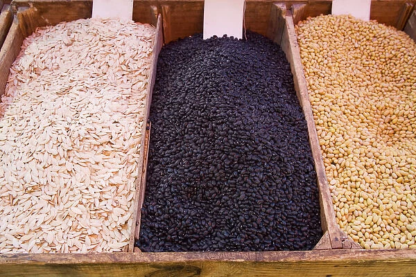 North America, Mexico, Guanajuato state, San Miguel de Allende. A display of seeds