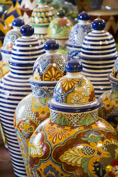 North America, Mexico, Guanajuato state. Pots for sale inside a ceramic shop